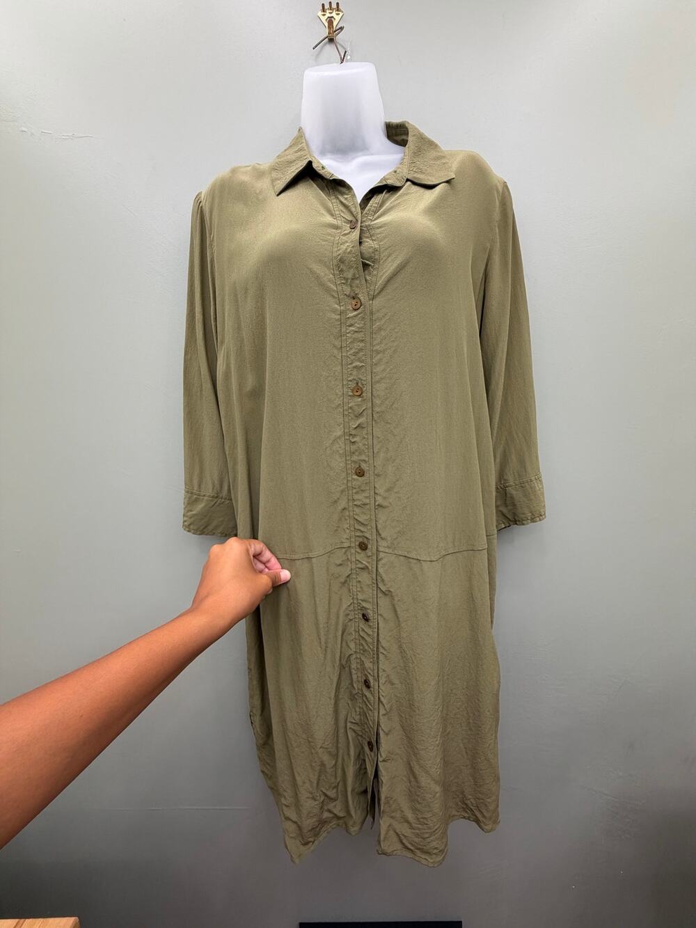Eileen Fisher 100% Silk Olive Green Long Shirt Dress Tunic S Petite